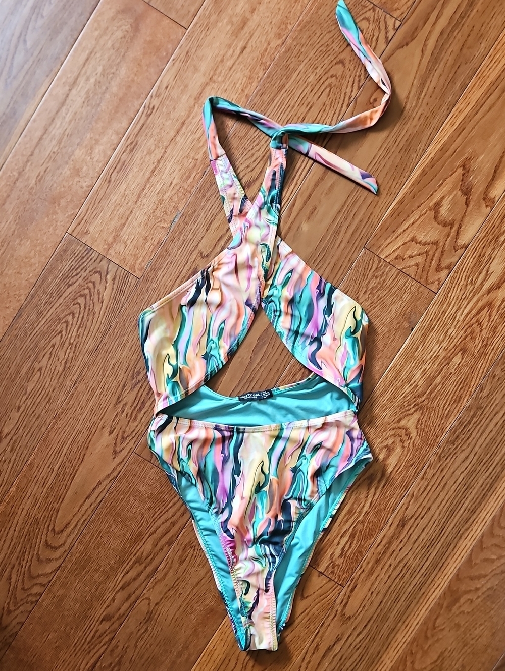 Nasty Gal Pastel Marble One-Piece Swimsuit with Halter Tie